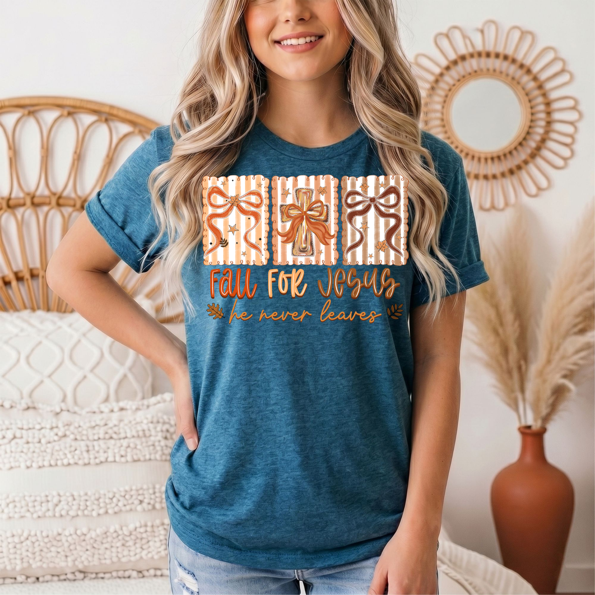 Fall for Jesus He Never Leaves Christian Graphic Tee