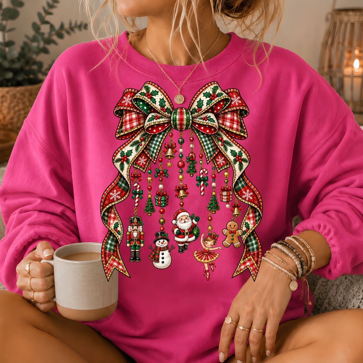 Christmas Plaid Bow Holiday Charms Crewneck Sweatshirt
