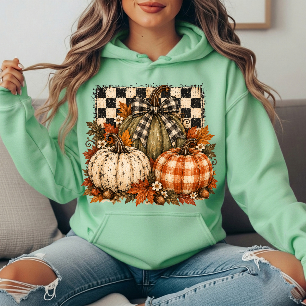 Rustic Fall Pumpkins Buffalo Check Bow Graphic Hoodie