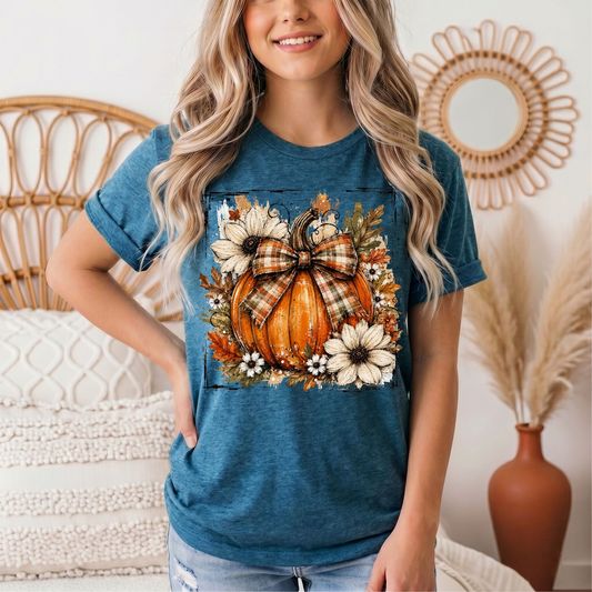 Fall Pumpkin Floral & Plaid Bow Graphic Tee