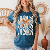 Jesus Lace Cross & Gingham Bow Christian Graphic Tee
