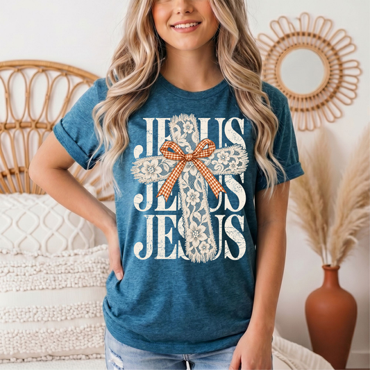 Jesus Lace Cross & Gingham Bow Christian Graphic Tee