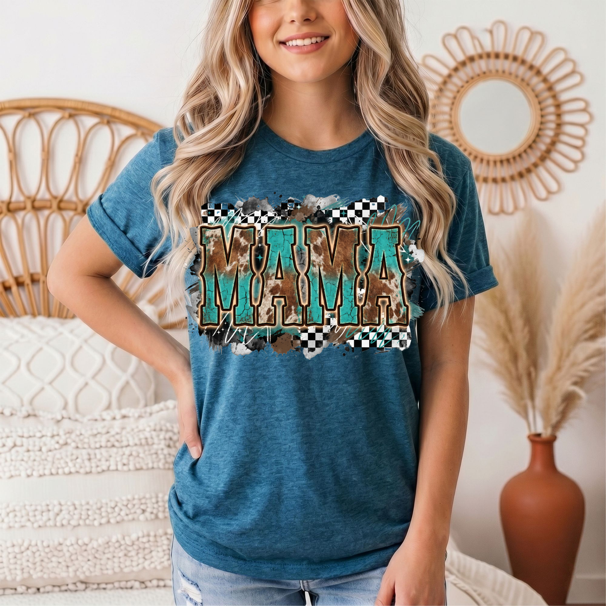 Turquoise & Cow Print Mama Western Graphic Tee