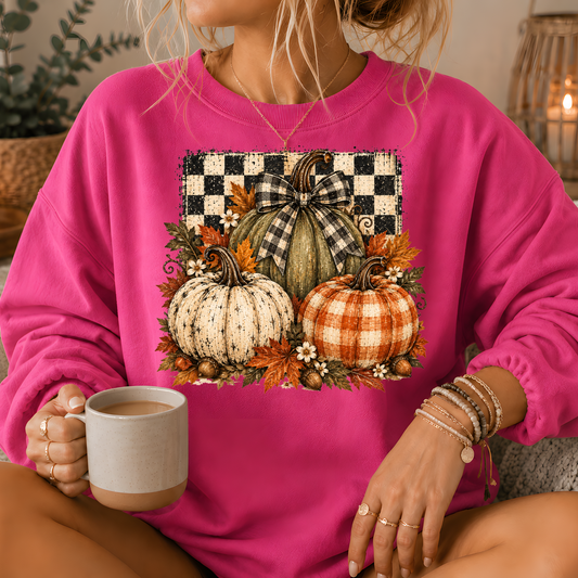 Pumpkin Plaid Bow Floral Crewneck Sweatshirt