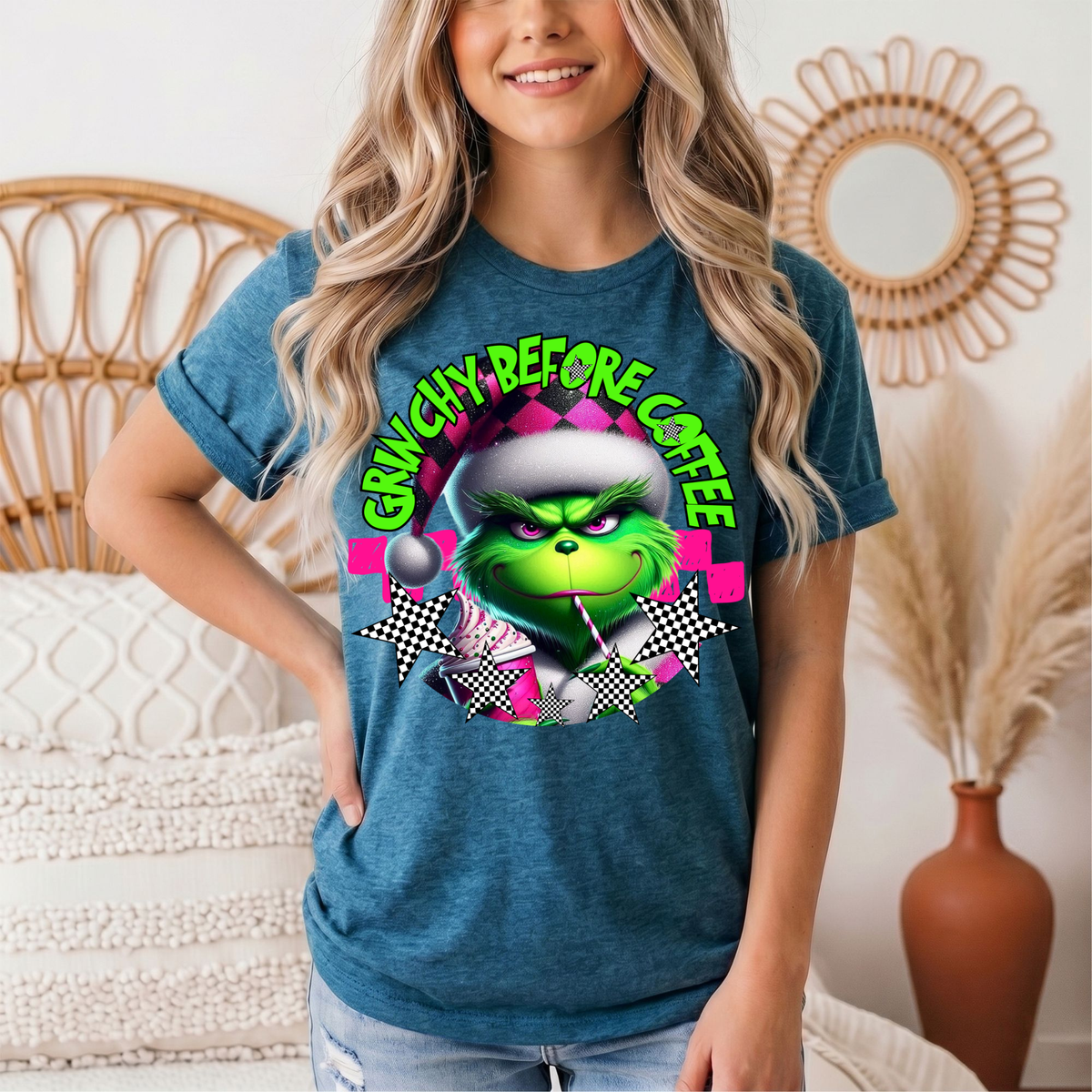 Grinchy Before Coffee Pink Checkerboard Christmas Graphic Tee