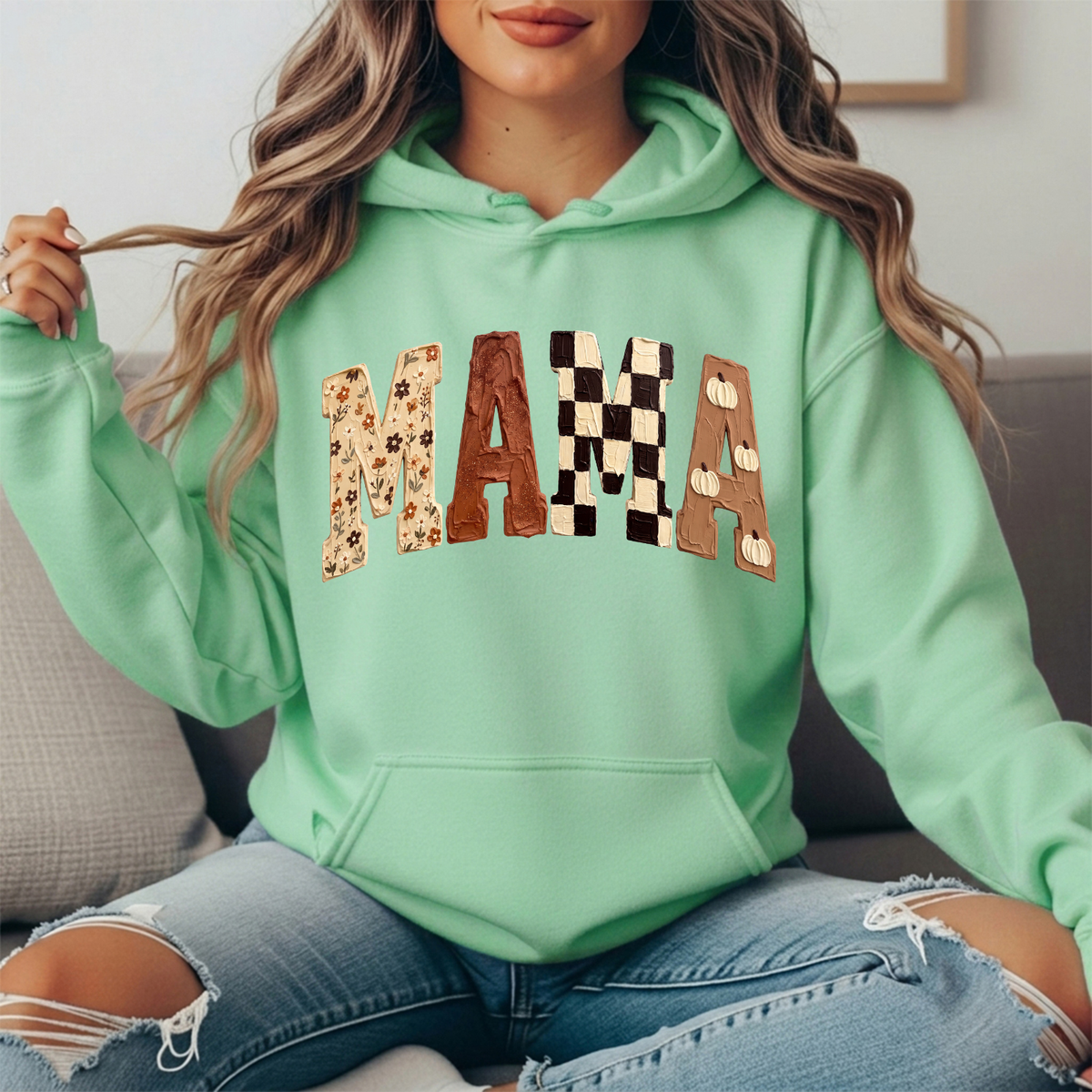 Mama Fall Floral, Checkerboard & Pumpkin Graphic Hoodie
