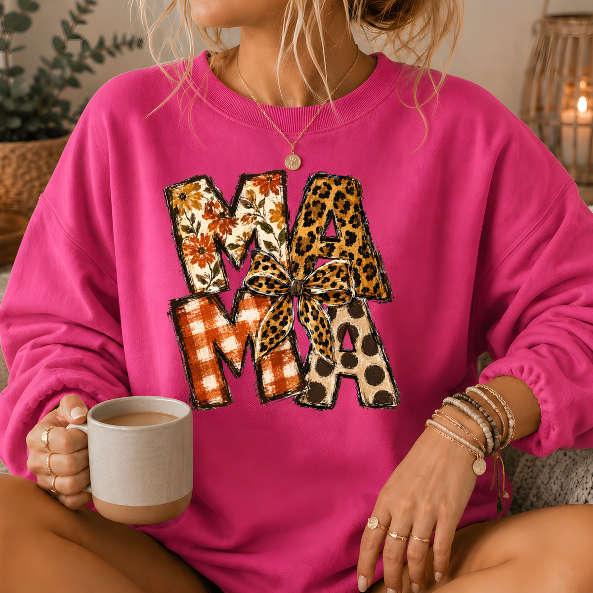 Mama Mixed Print Bow Crewneck Sweatshirt