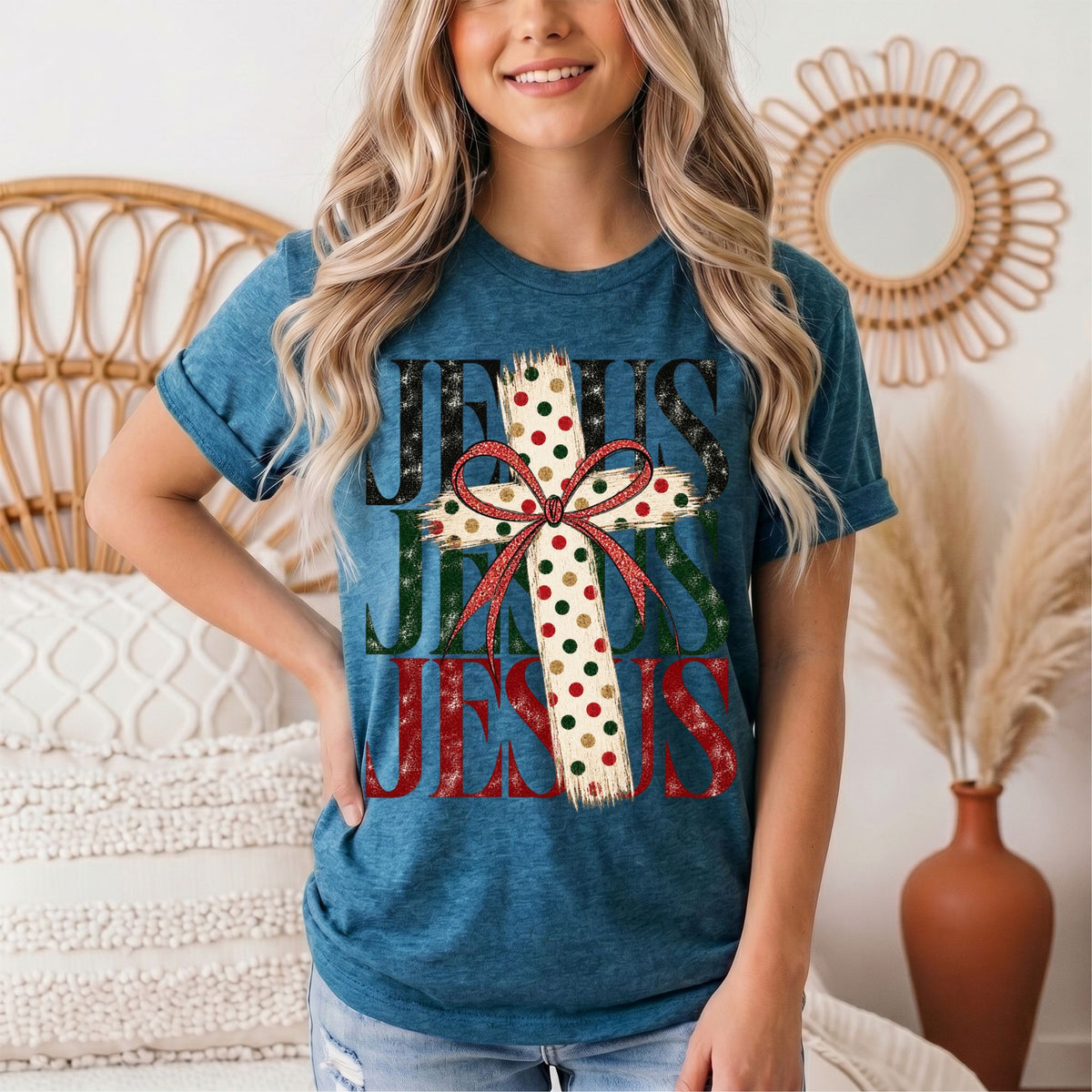 Jesus Christmas Cross & Bow Graphic Tee