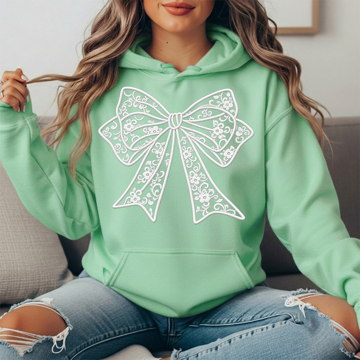 Floral Lace Bow Graphic Hoodie