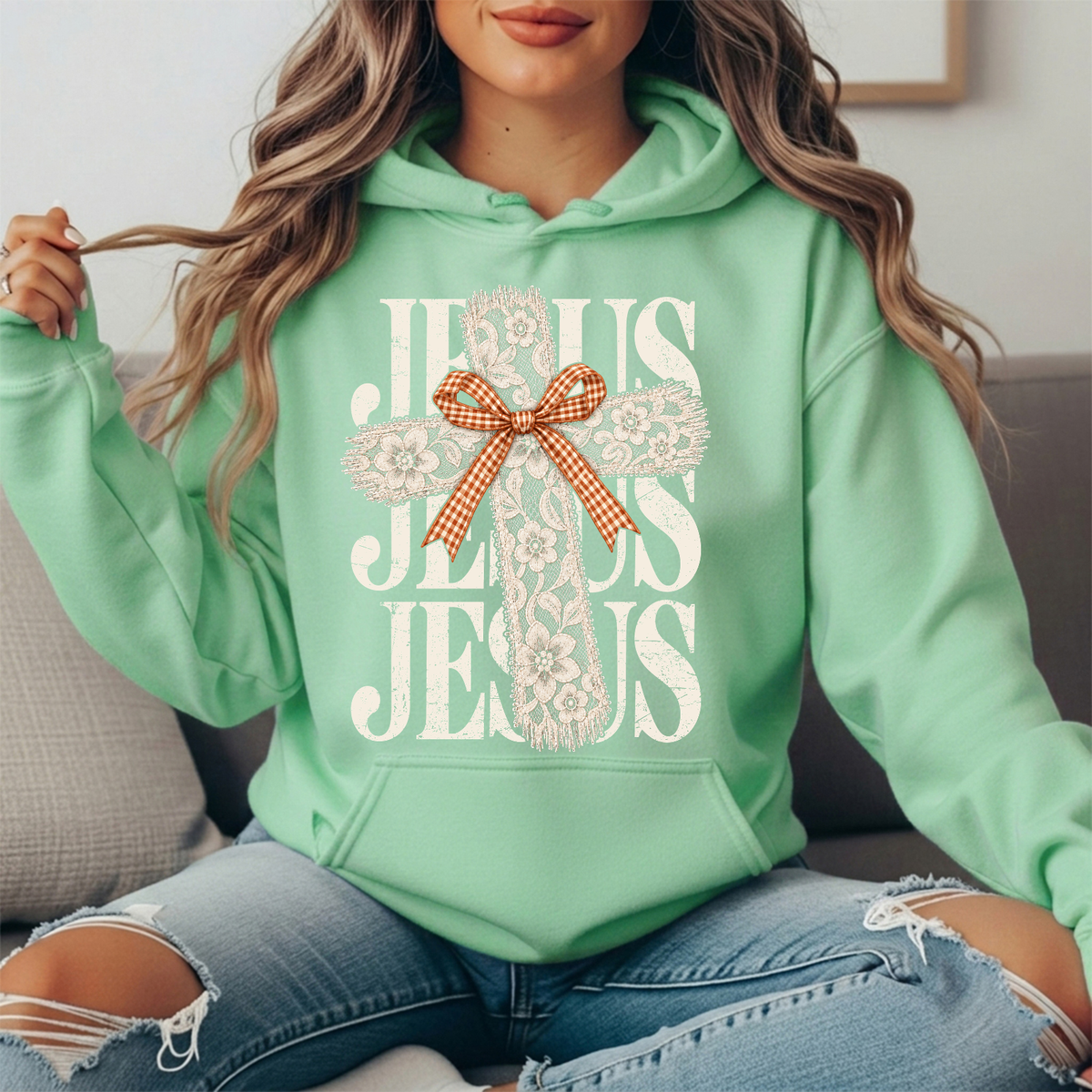 Jesus Floral Lace Cross & Gingham Bow Graphic Hoodie