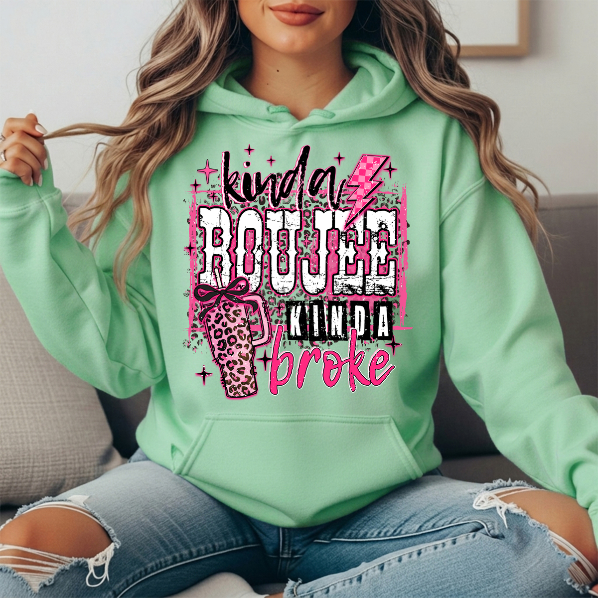 Kinda Boujee Kinda Broke Pink Leopard Graphic Hoodie