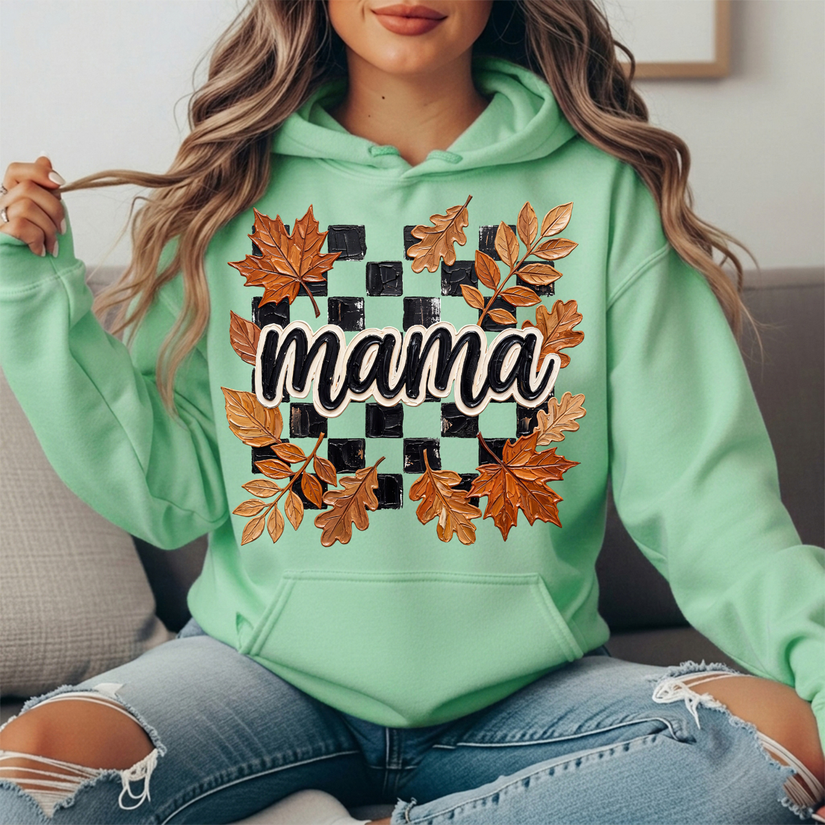 Mama Fall Leaves Checkerboard Graphic Hoodie