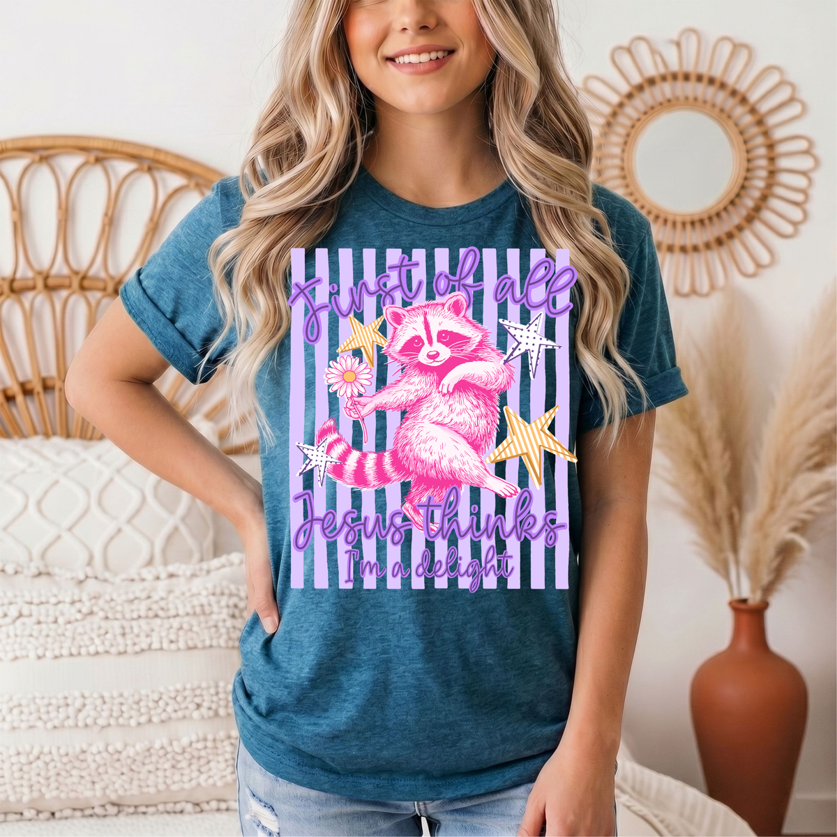 Jesus Thinks I'm a Delight Pink Raccoon Graphic Tee