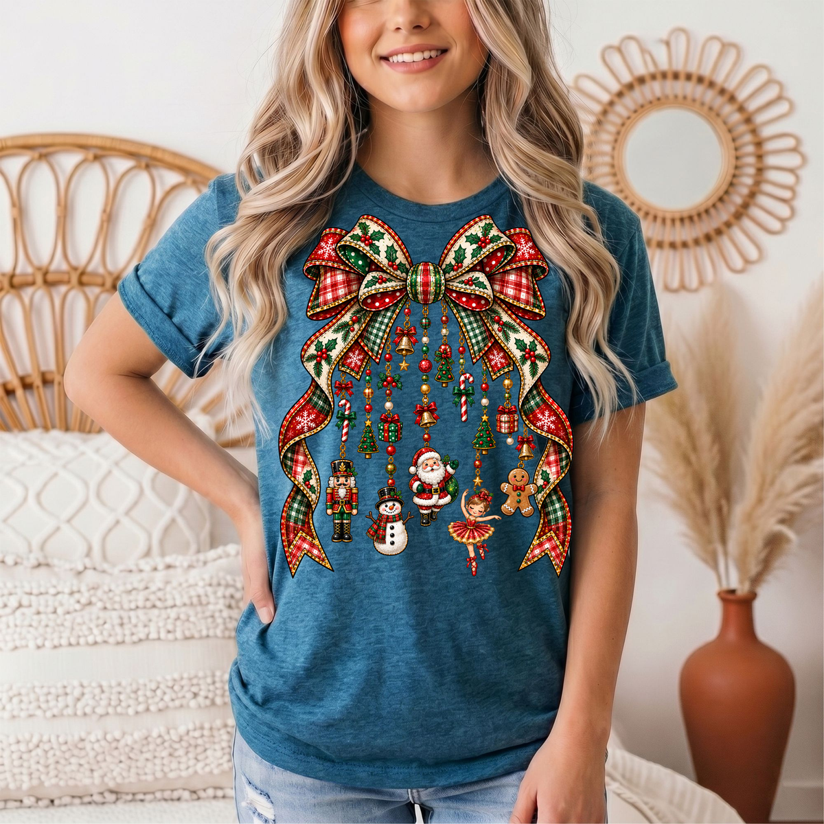 Christmas Plaid Bow & Holiday Charms Graphic Tee