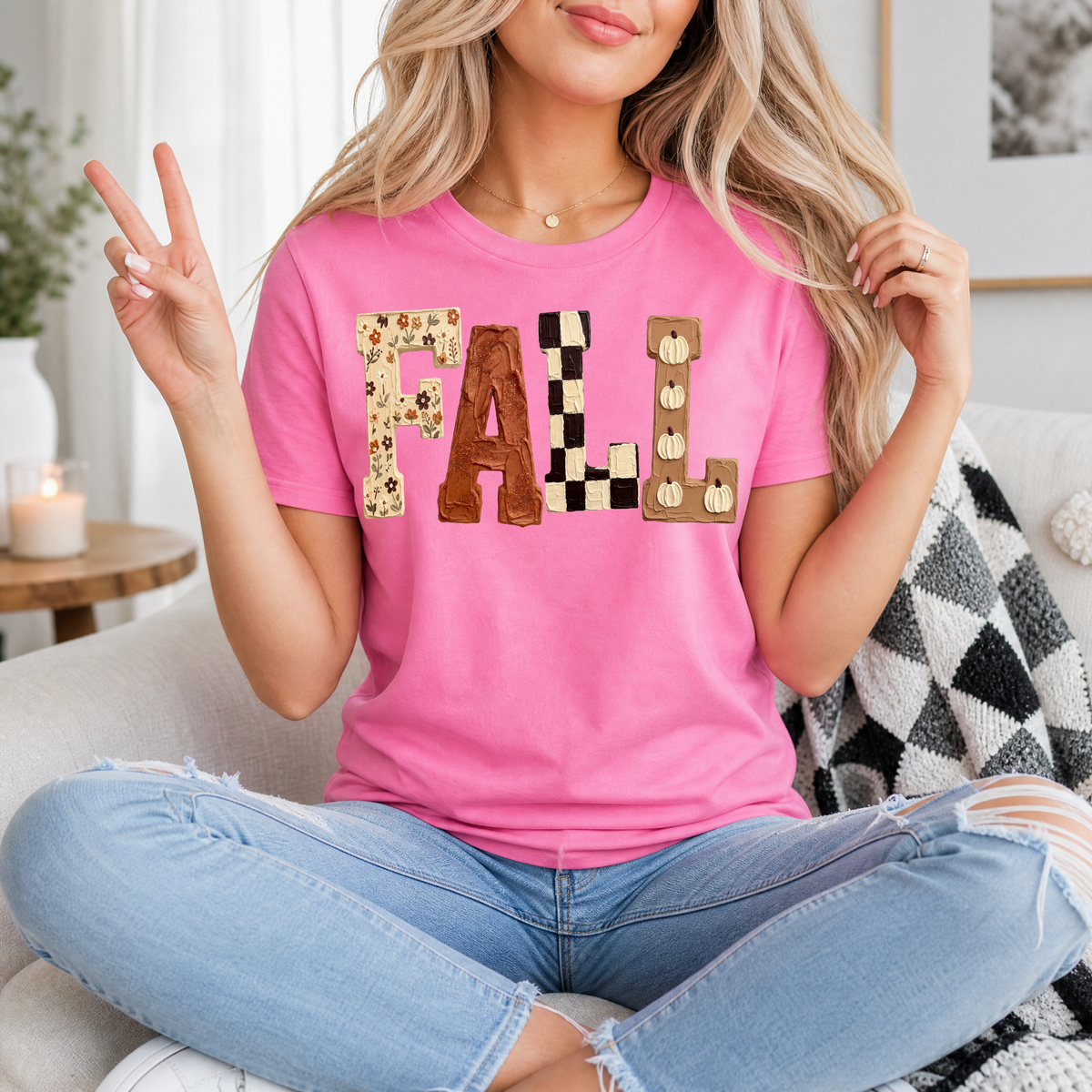 Fall Floral, Checkerboard & Pumpkin Graphic Tee