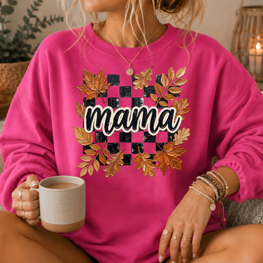 Mama Fall Leaves Checkerboard Crewneck Sweatshirt