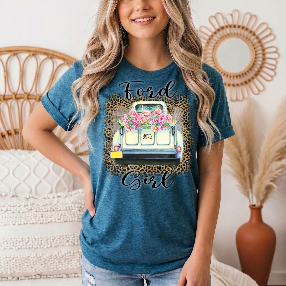 Ford Girl Floral Vintage Truck & Leopard Graphic Tee