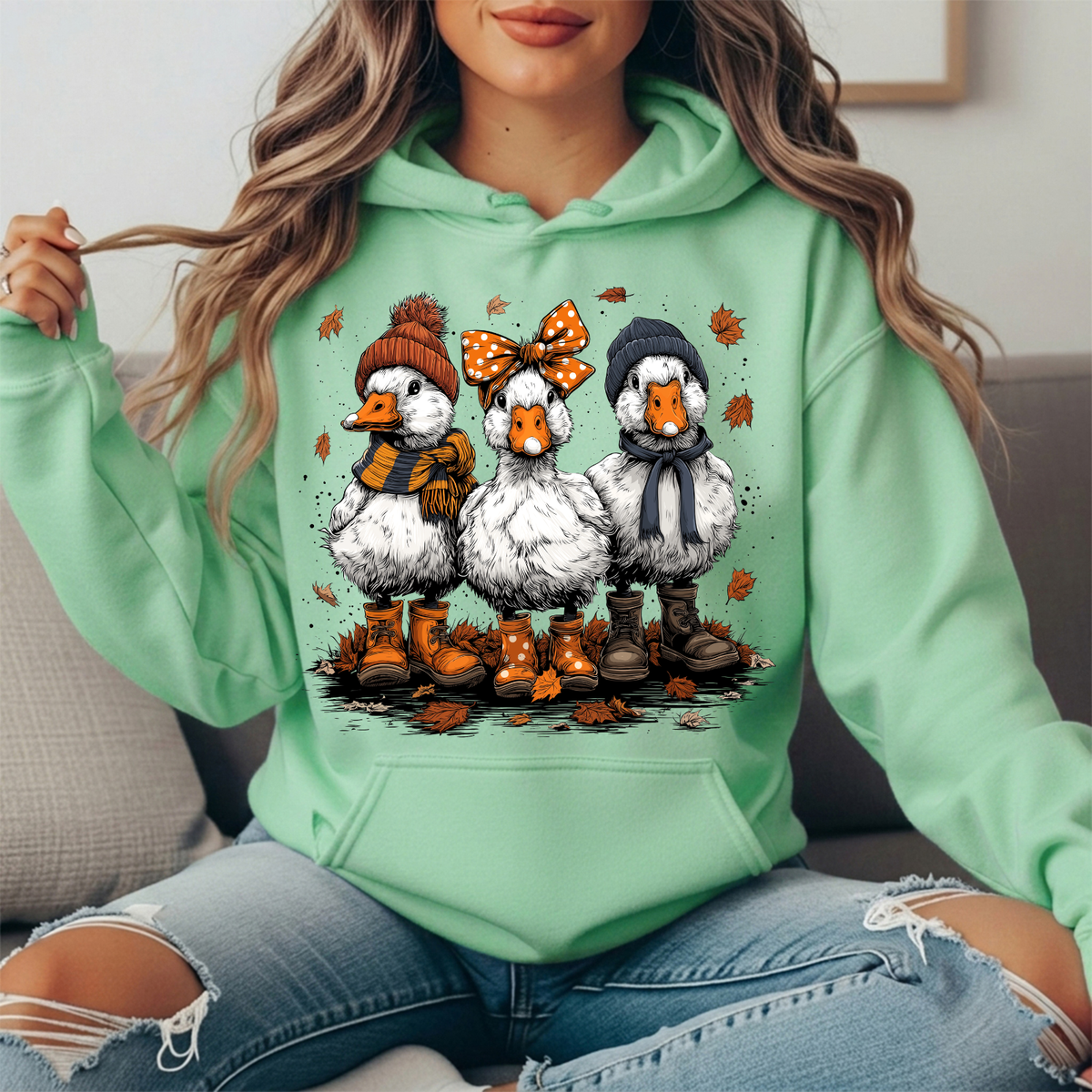 Fall Ducks in Boots & Orange Bow Graphic Hoodie