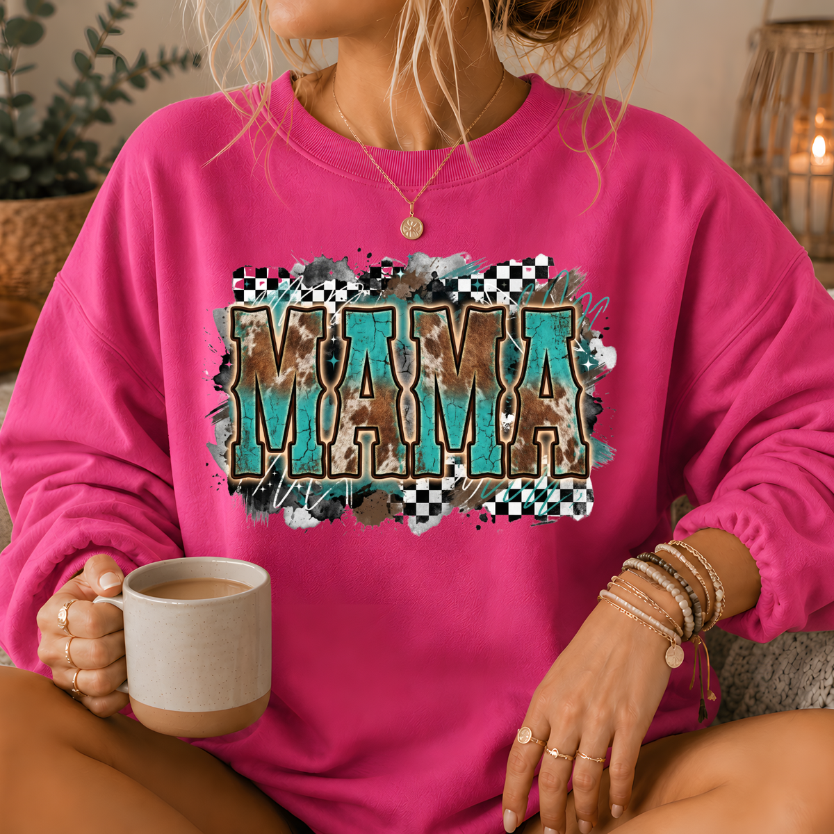 Mama Turquoise Cow Print Western Crewneck Sweatshirt