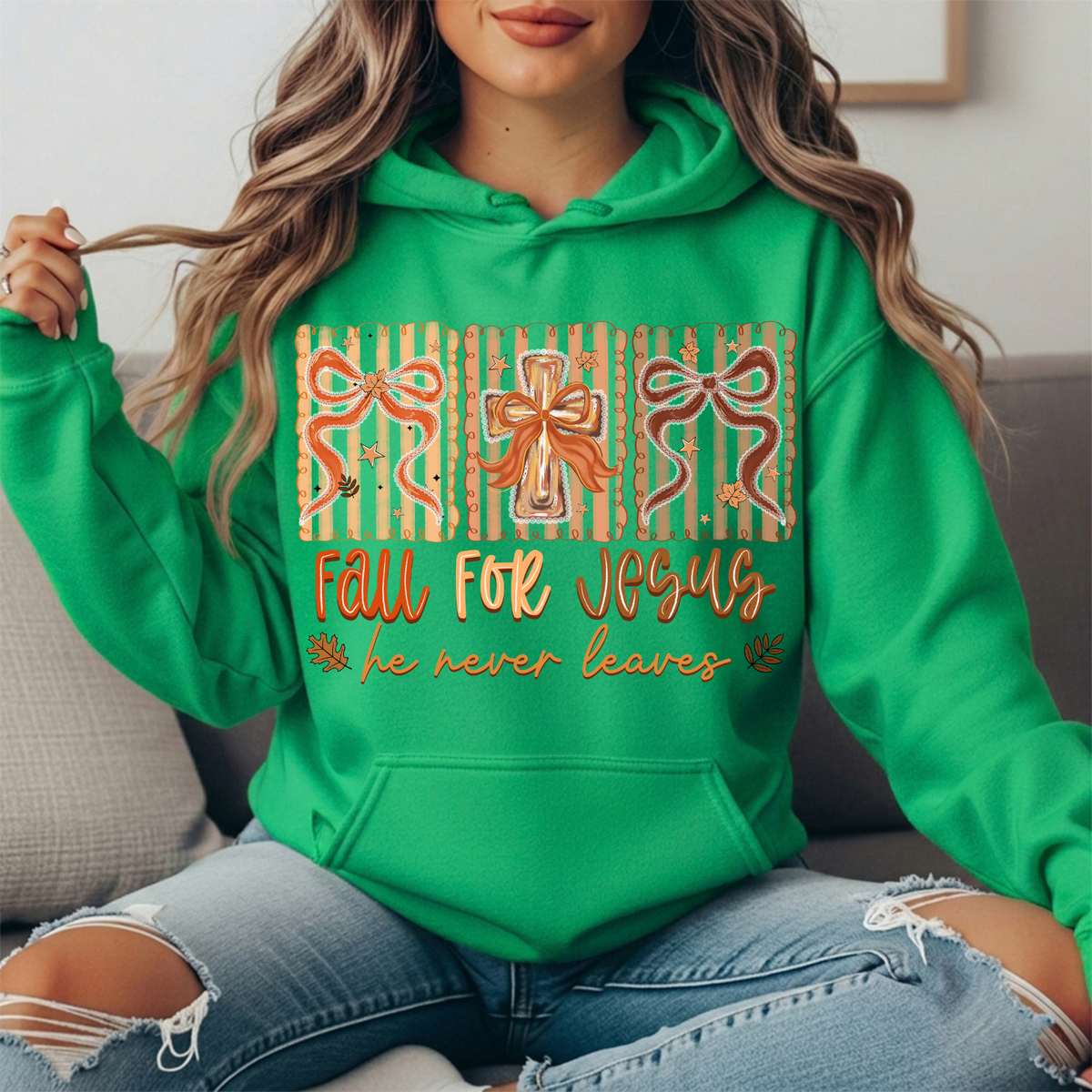 Fall for Jesus He Never Leaves Bow Cross Graphic Hoodie