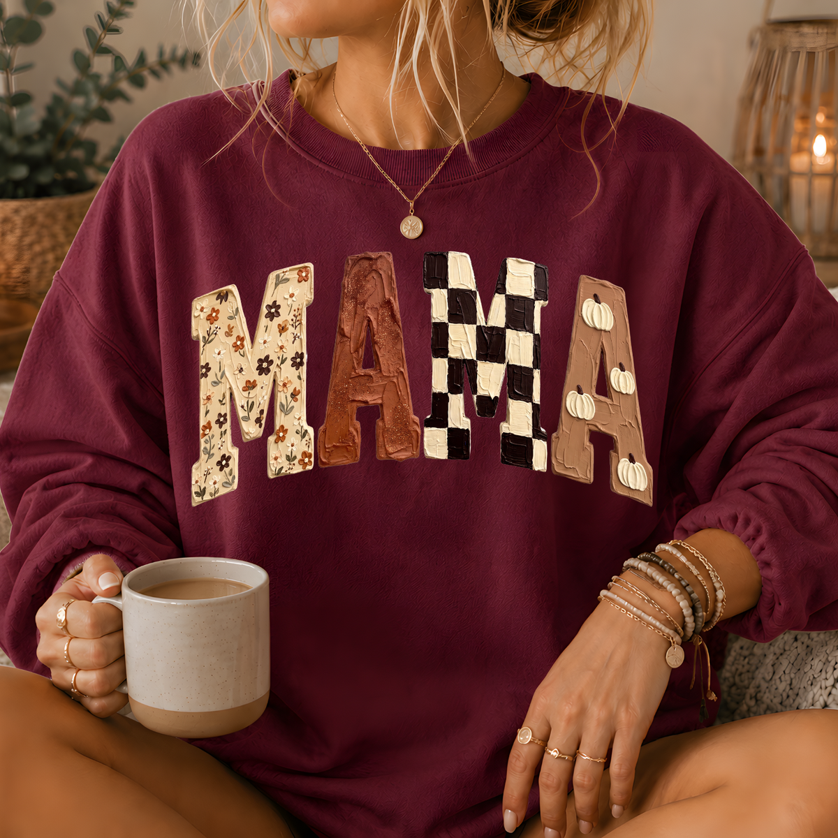 Mama Fall Patchwork Print Crewneck Sweatshirt