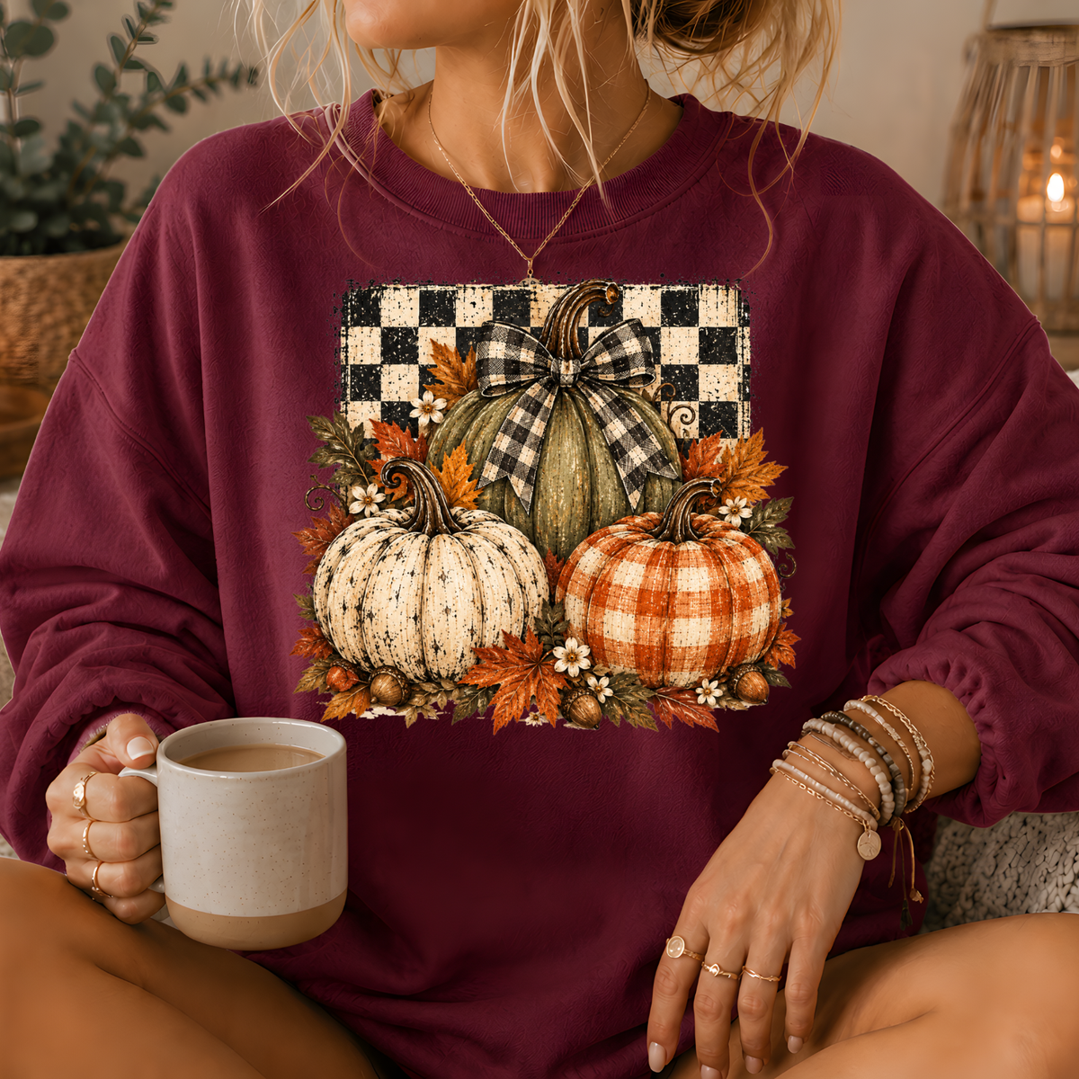 Pumpkin Plaid Bow Floral Crewneck Sweatshirt