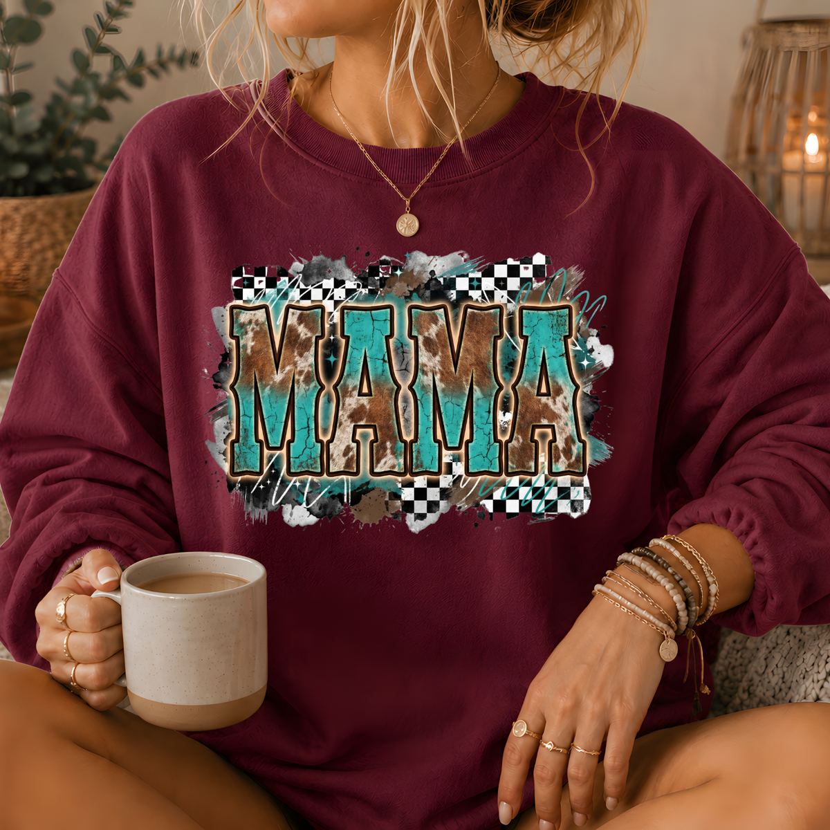 Mama Turquoise Cow Print Western Crewneck Sweatshirt
