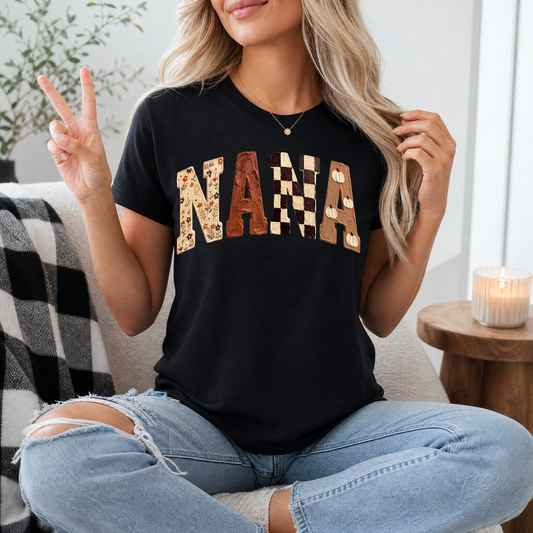 Fall Nana Floral, Checkerboard & Pumpkin Graphic Tee