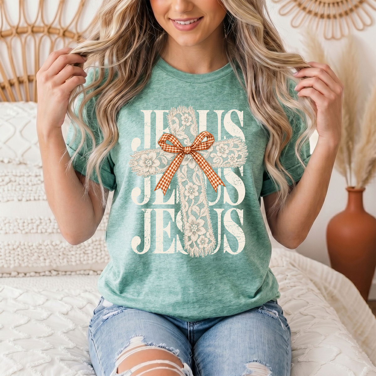 Jesus Lace Cross & Gingham Bow Christian Graphic Tee