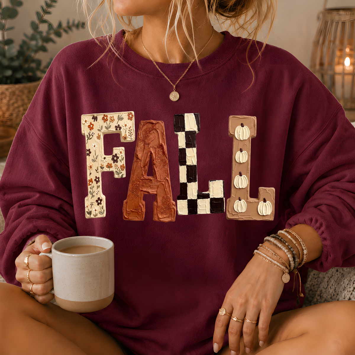 Fall Patchwork Print Crewneck Sweatshirt