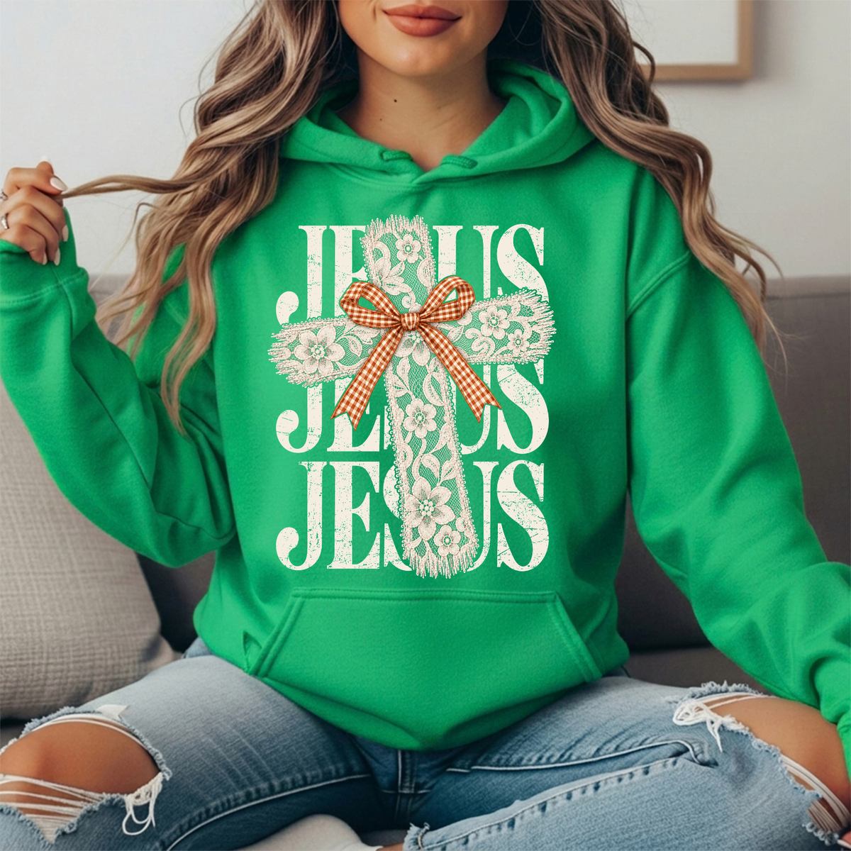 Jesus Floral Lace Cross & Gingham Bow Graphic Hoodie