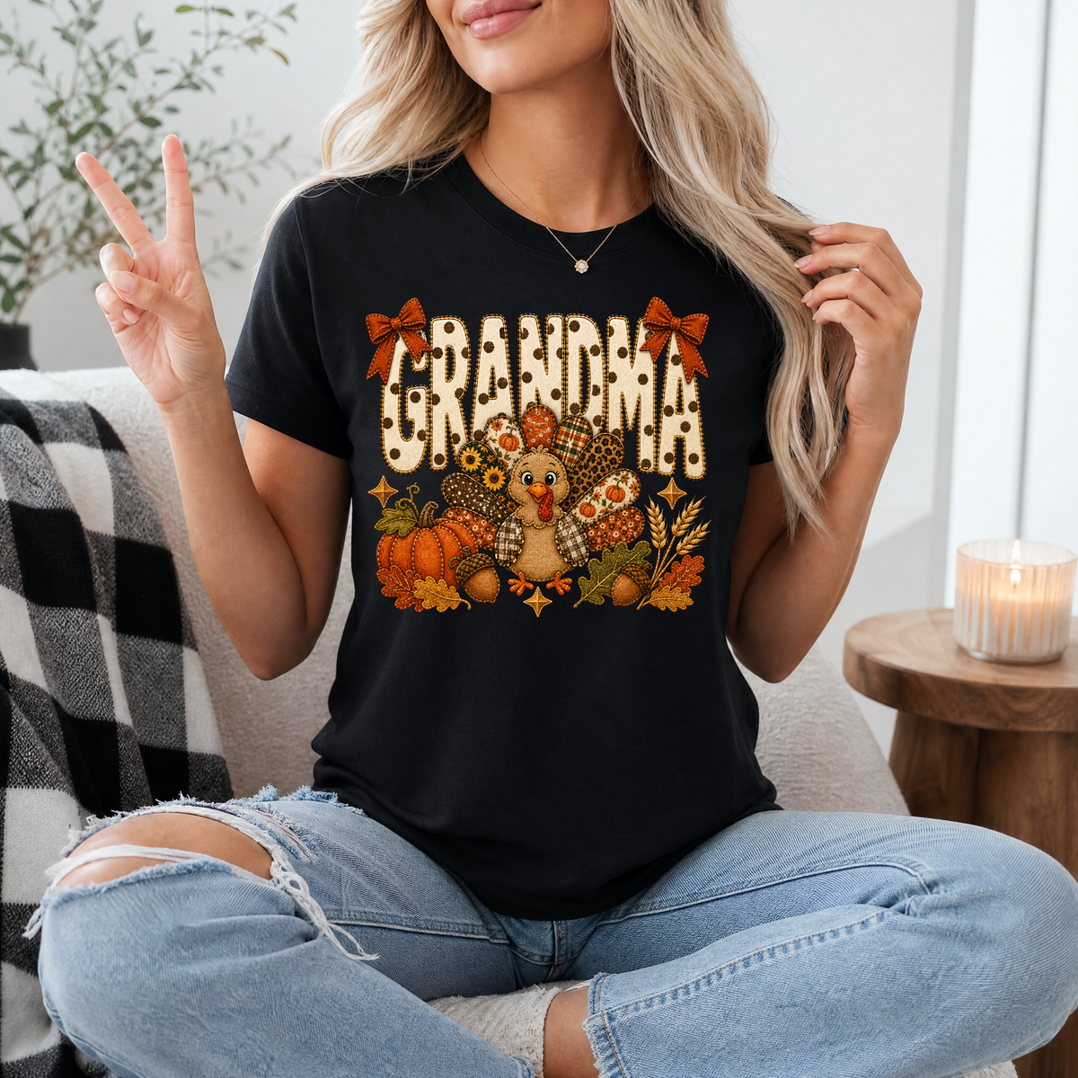 Grandma Thanksgiving Turkey & Bow Graphic Tee