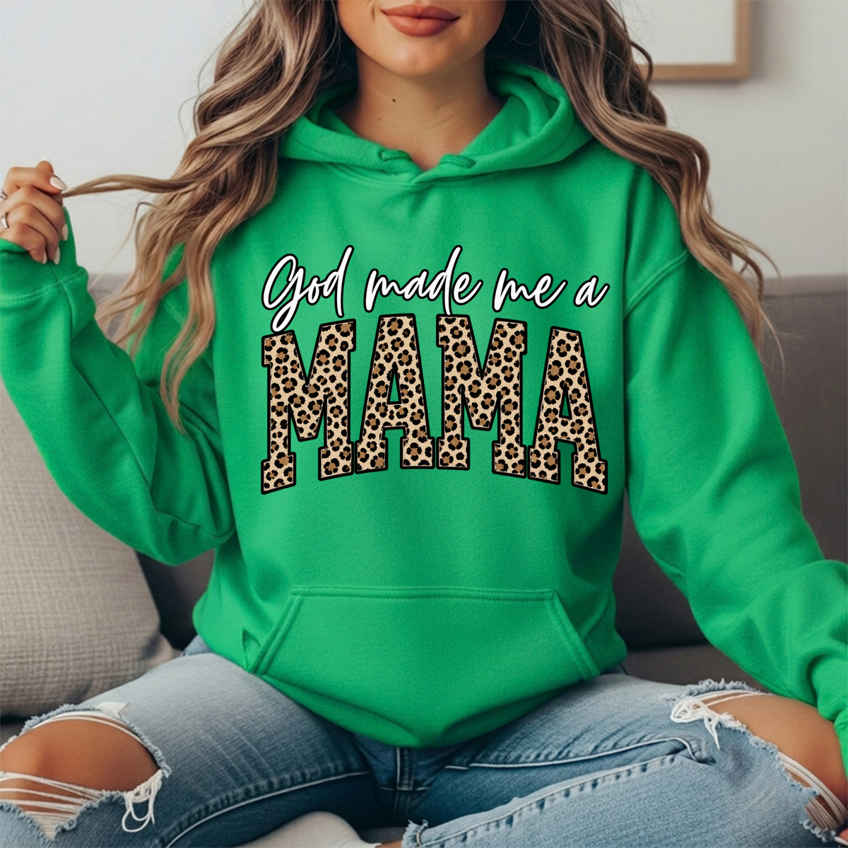 God Made Me a Mama Leopard Print Graphic Hoodie