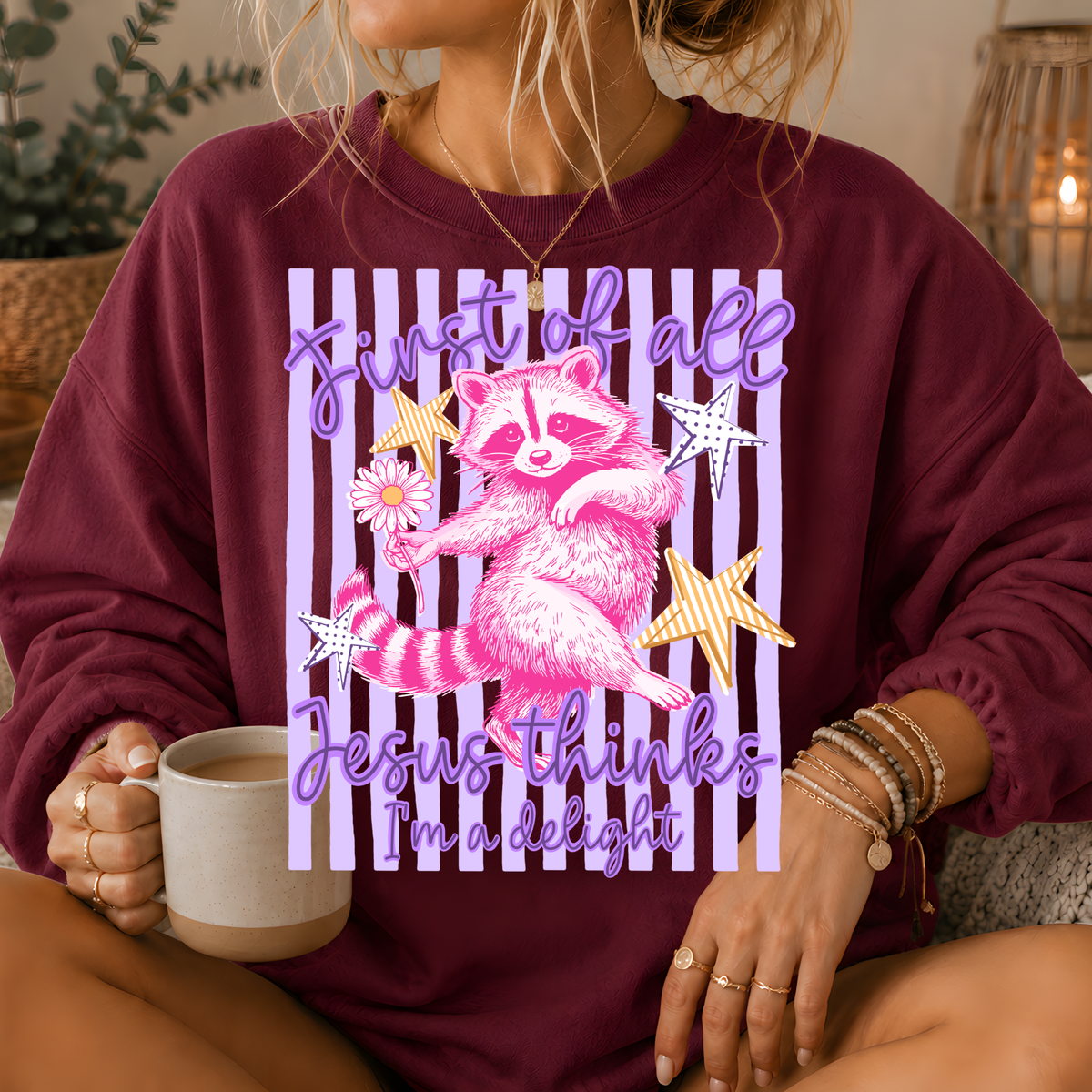 Jesus Thinks I'm a Delight Raccoon Crewneck Sweatshirt