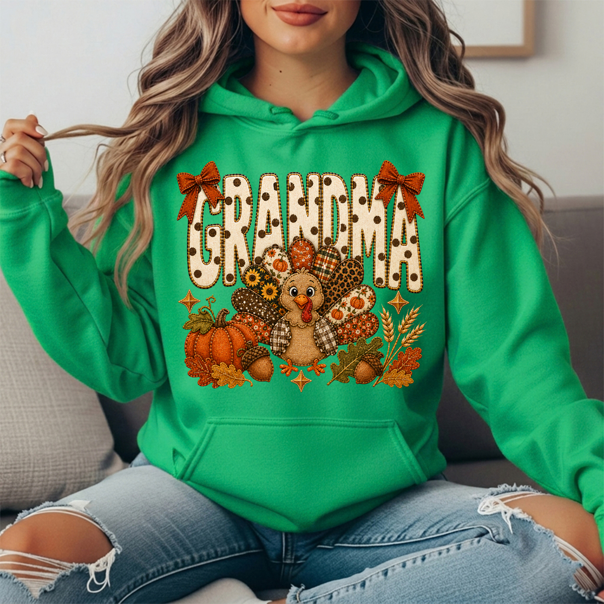 Grandma Thanksgiving Patchwork Turkey Bow Graphic Hoodie