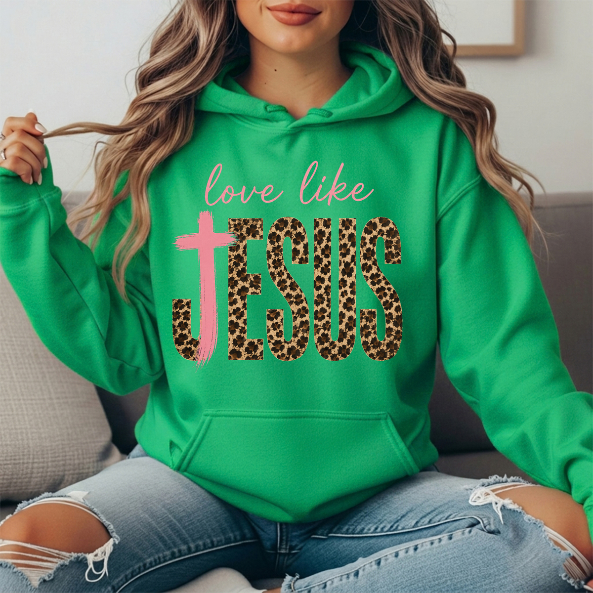 Love Like Jesus Leopard Print Cross Graphic Hoodie