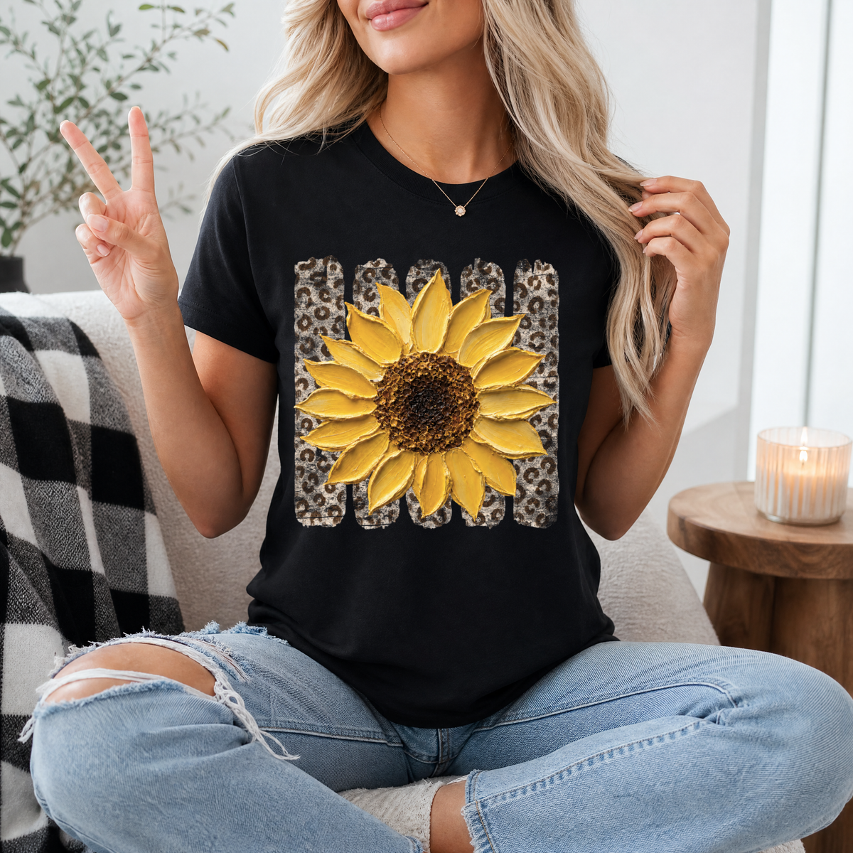 Painted Sunflower & Leopard Print Graphic Tee