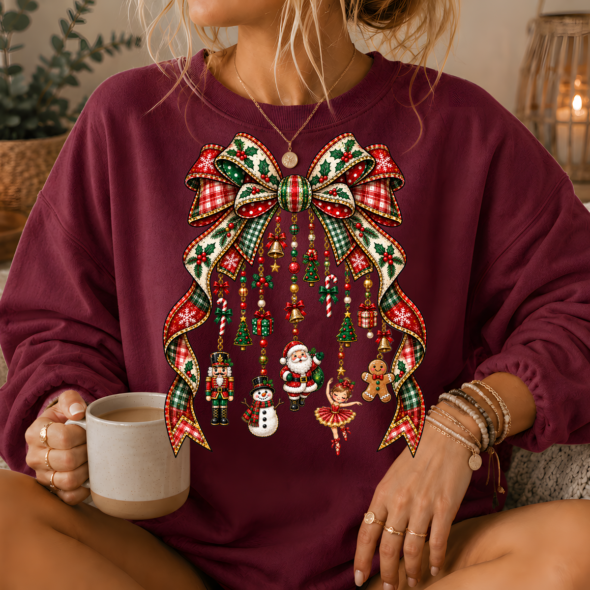 Christmas Plaid Bow Holiday Charms Crewneck Sweatshirt