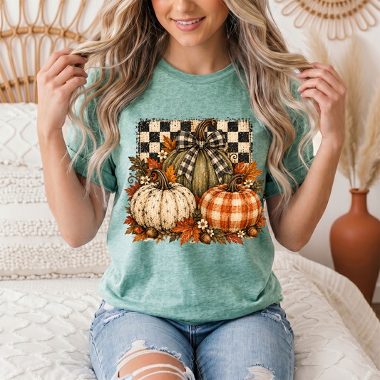 Rustic Fall Pumpkin Trio & Gingham Bow Graphic Tee