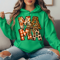 Mama Fall Patchwork & Leopard Bow Graphic Hoodie