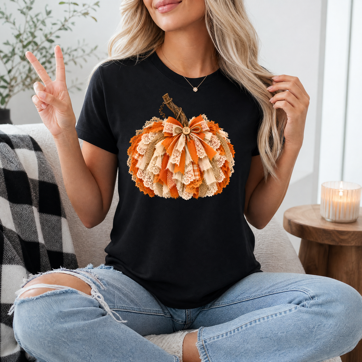 Rustic Lace & Ribbon Pumpkin Graphic Tee