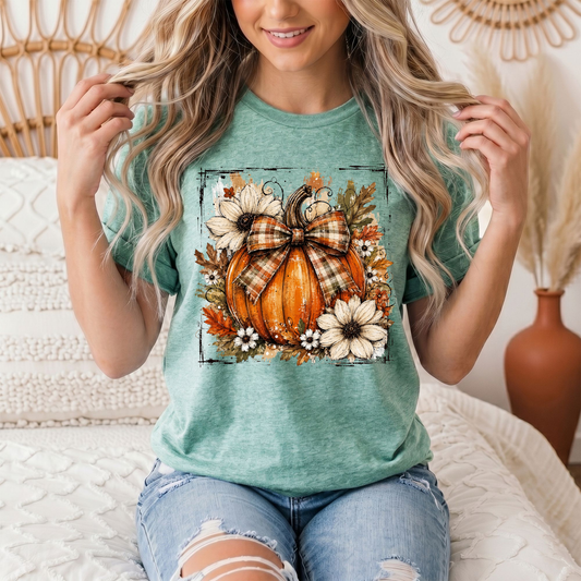Fall Pumpkin Floral & Plaid Bow Graphic Tee