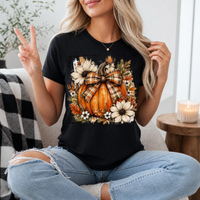 Fall Pumpkin Floral & Plaid Bow Graphic Tee