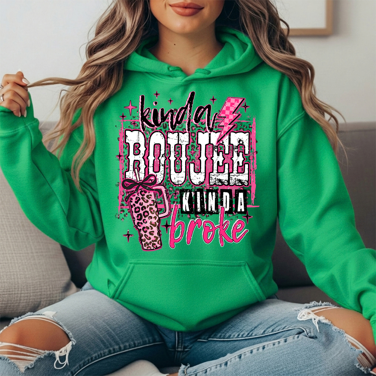 Kinda Boujee Kinda Broke Pink Leopard Graphic Hoodie