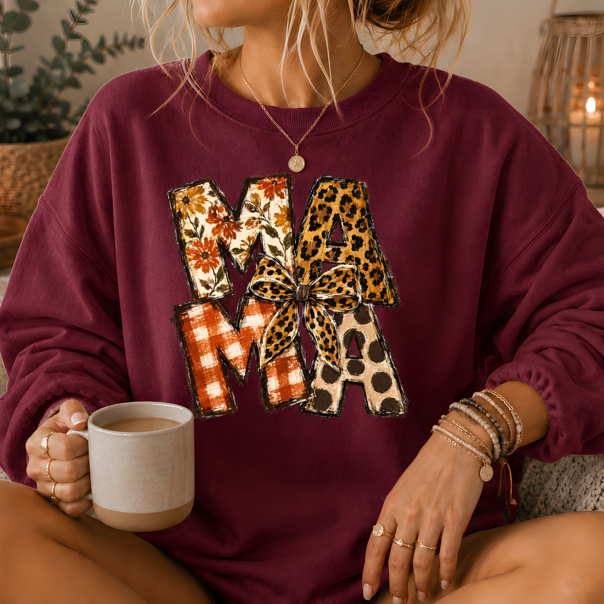 Mama Mixed Print Bow Crewneck Sweatshirt