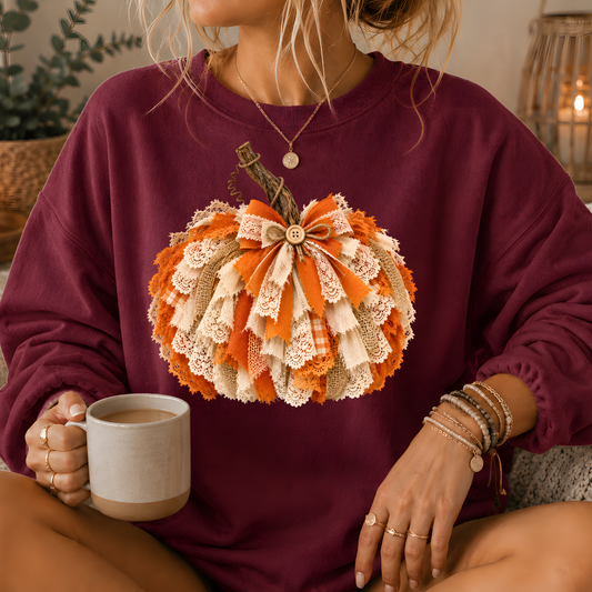 Rustic Lace & Burlap Pumpkin Graphic Crewneck Sweatshirt