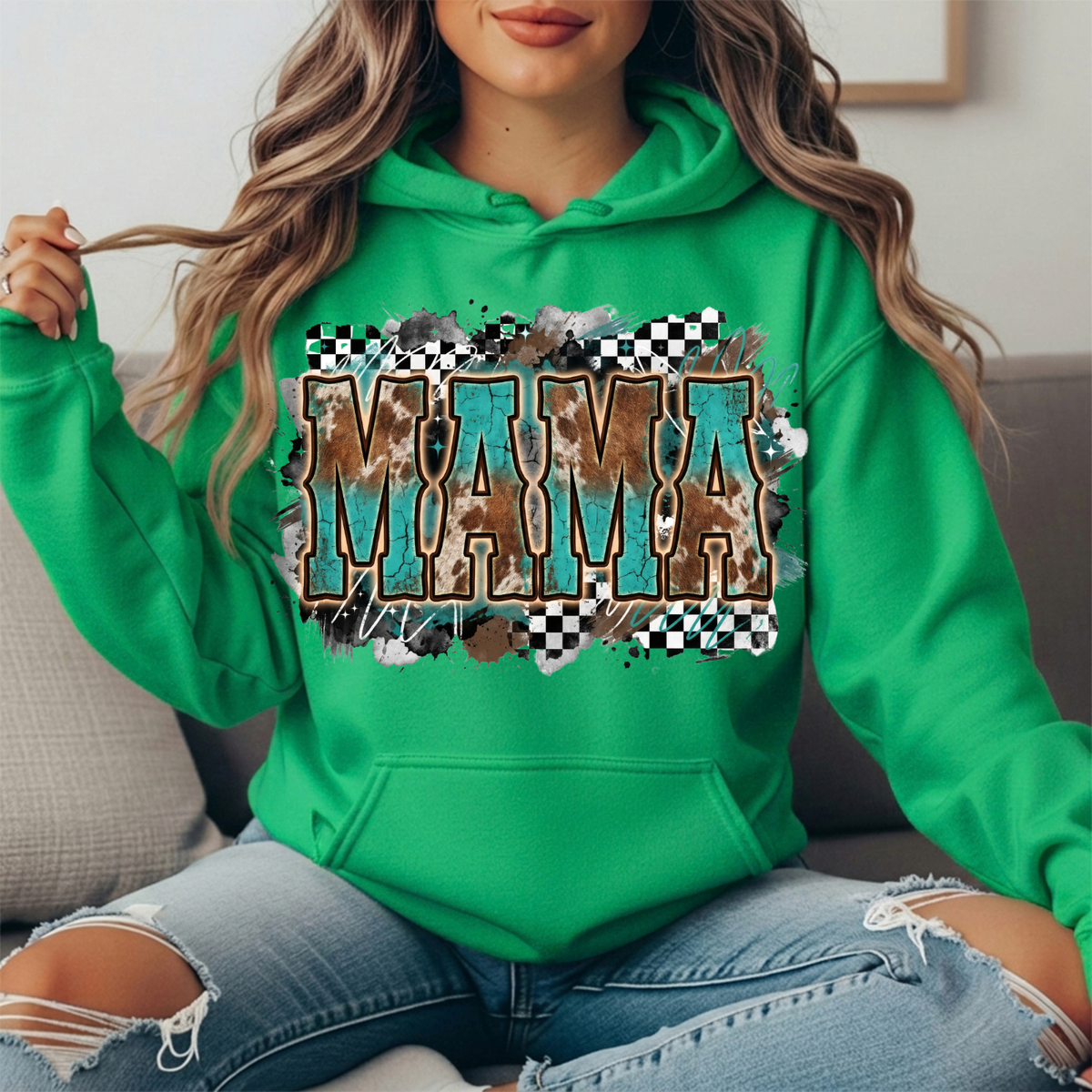 Turquoise Cowhide Mama Western Graphic Hoodie