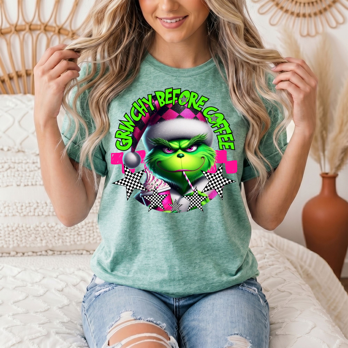 Grinchy Before Coffee Pink Checkerboard Christmas Graphic Tee