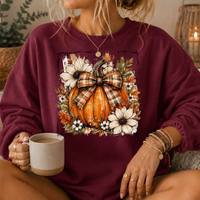 Pumpkin Plaid Bow Floral Crewneck Sweatshirt