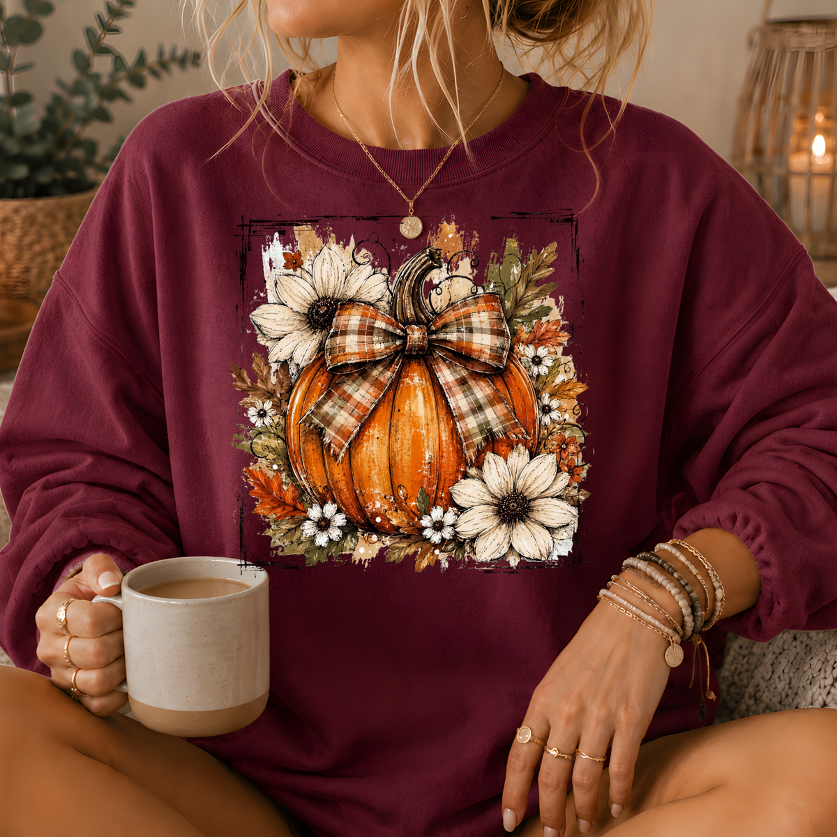 Pumpkin Plaid Bow Floral Crewneck Sweatshirt
